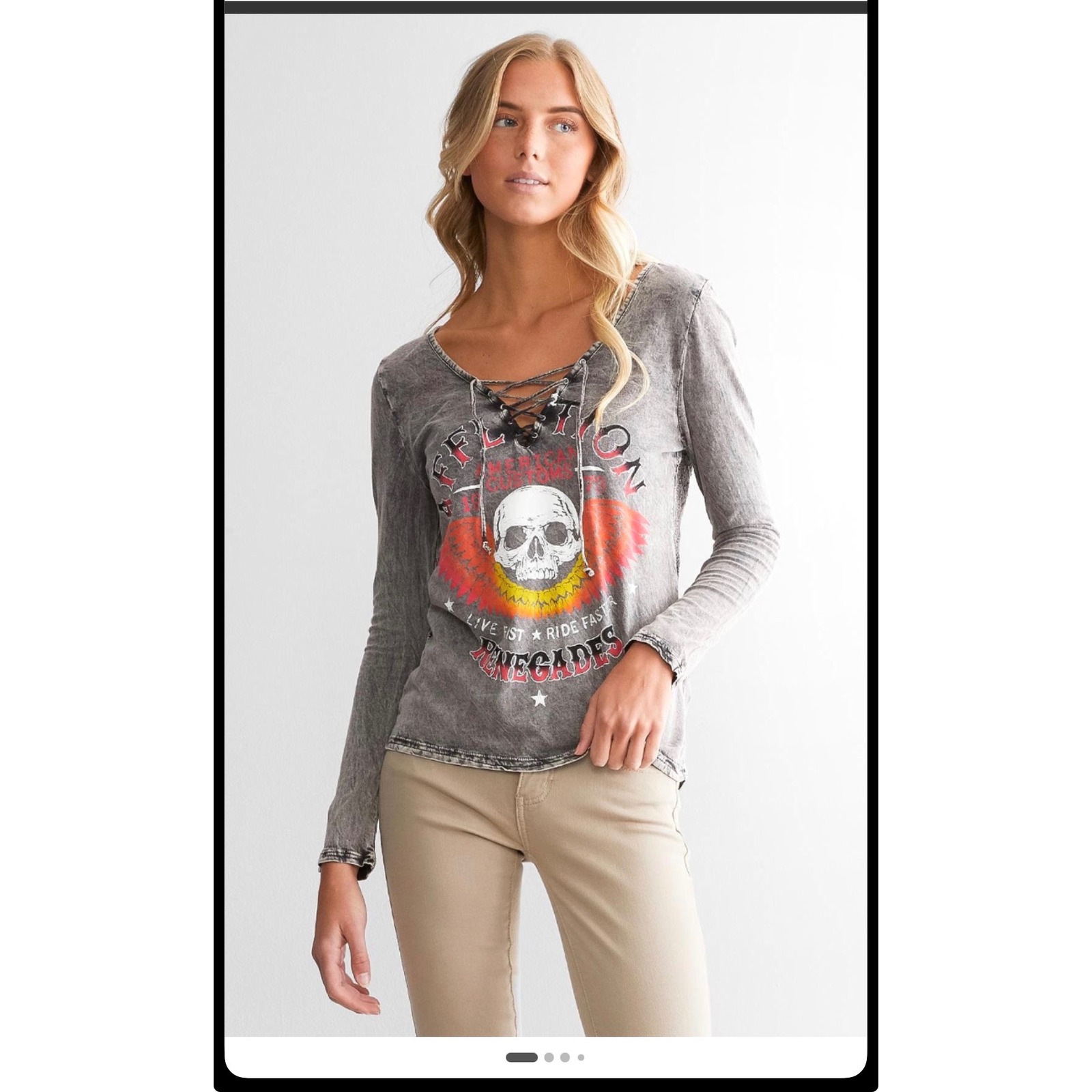 Affliction Graphic Top Women Xl Renegades Skull Lace Up Acid Wash Long Sleeve
